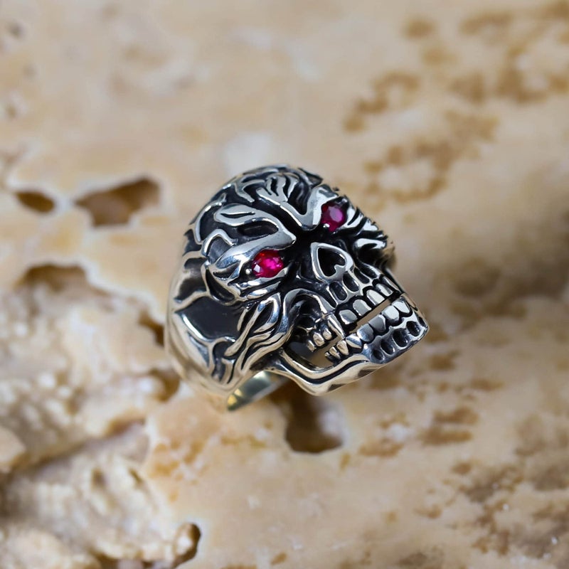 Babylon Silver Solid 925 Sterling Silver CZ Cubic Zirconia Ruby Color Red Eyes Retro Gothic Biker Skull Luxury Men's Ring (8) - Image 2